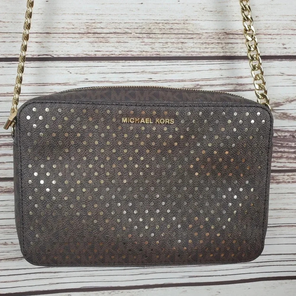 Michael Kors Jet Set East West Signature Brown/Red/Gold Perforated Crossbody Bag - Picture 1 of 16
